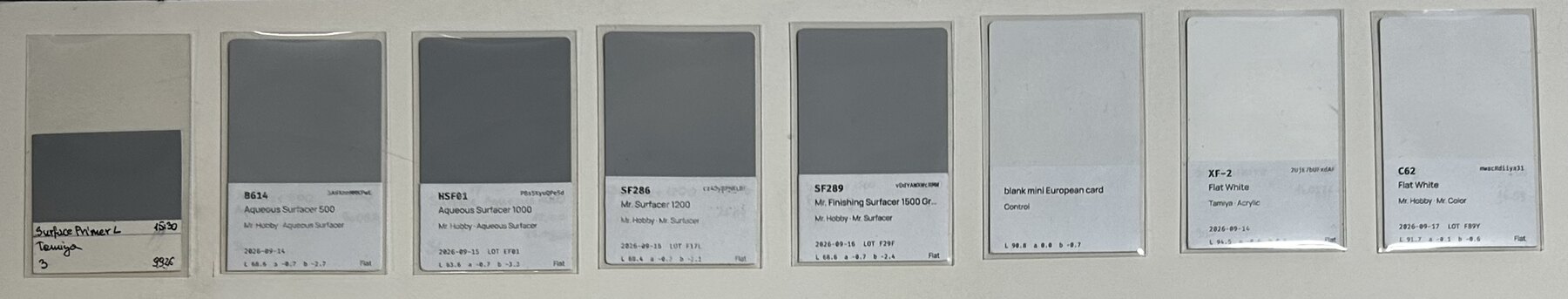 Rząd natryśniętych kartoników, każdy w koszulce z drukowaną etykietą: Tamiya Surface Primer L, Aqueous Surfacer 500, Aqueous Surfacer 1000, Mr. Surfacer 1200 i Mr. Finishing Surfacer 1500, dalej czysty kartonik i dwie matowe biele